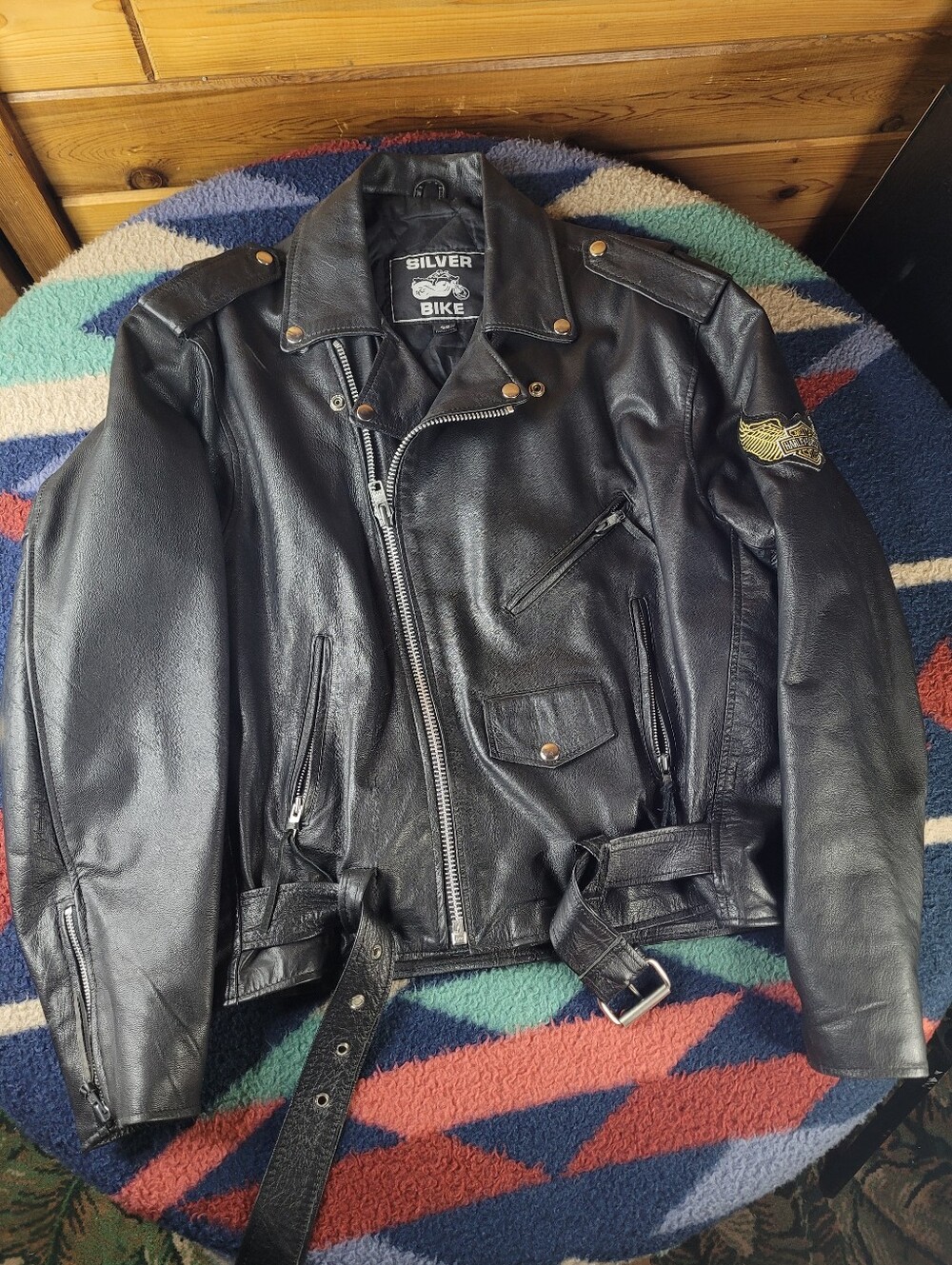 Black Leather Motorcycle Jacket Mens 46 Silver Bike Custom Patches Quilt Lined